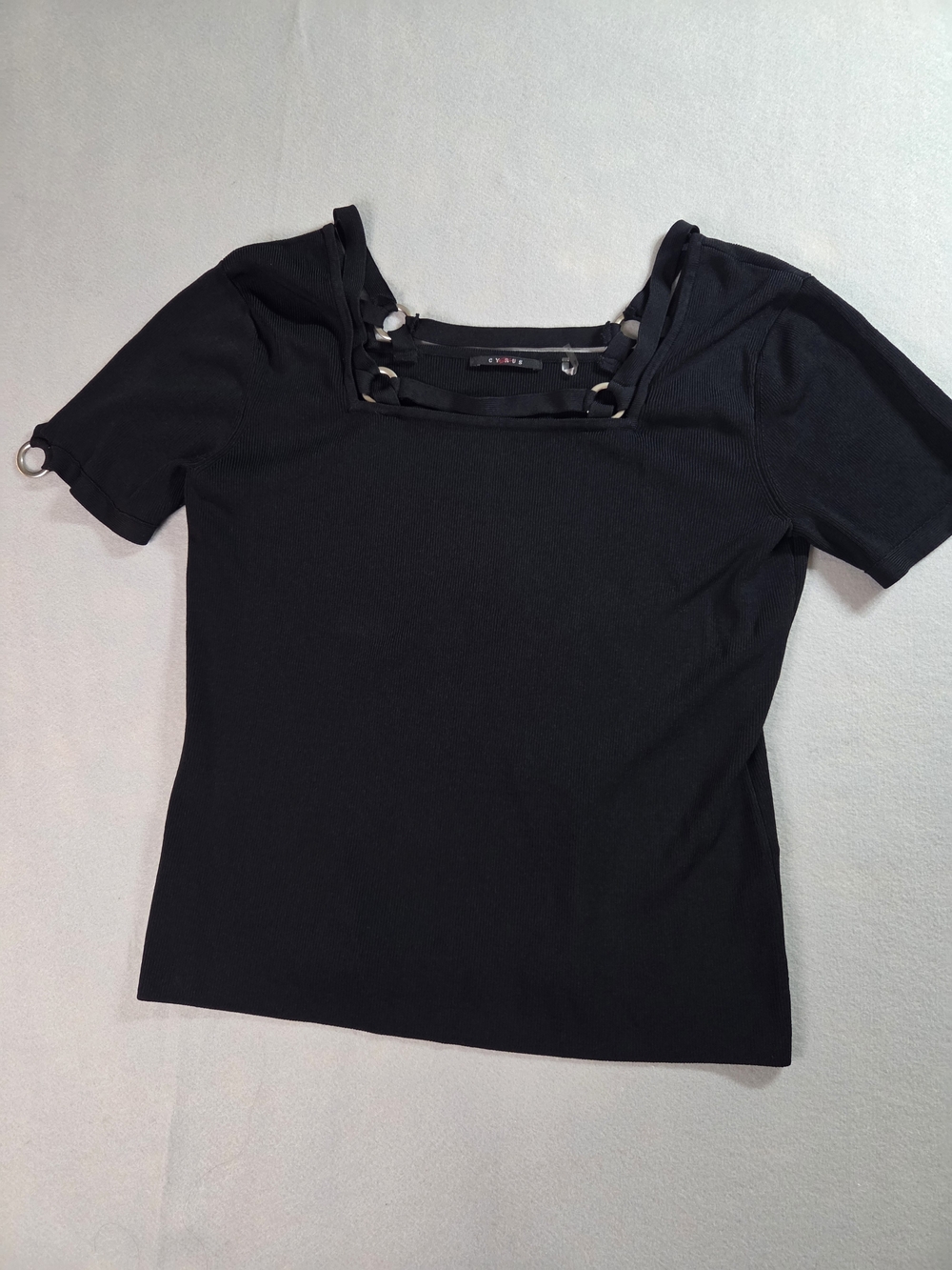Cyrus Black Short-Sleeve Tee with Ring-Strap Square Neck